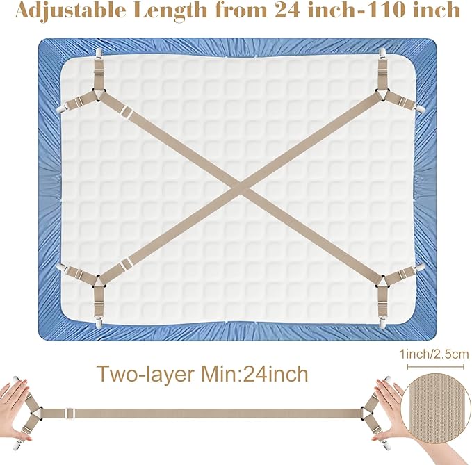 Morcheiong Bed Sheet Fasteners Straps - 4 Pack Adjustable Bed Sheet Holder Strap for Bedding Stays Bedsheet Tie Downs - Khaki/Brown