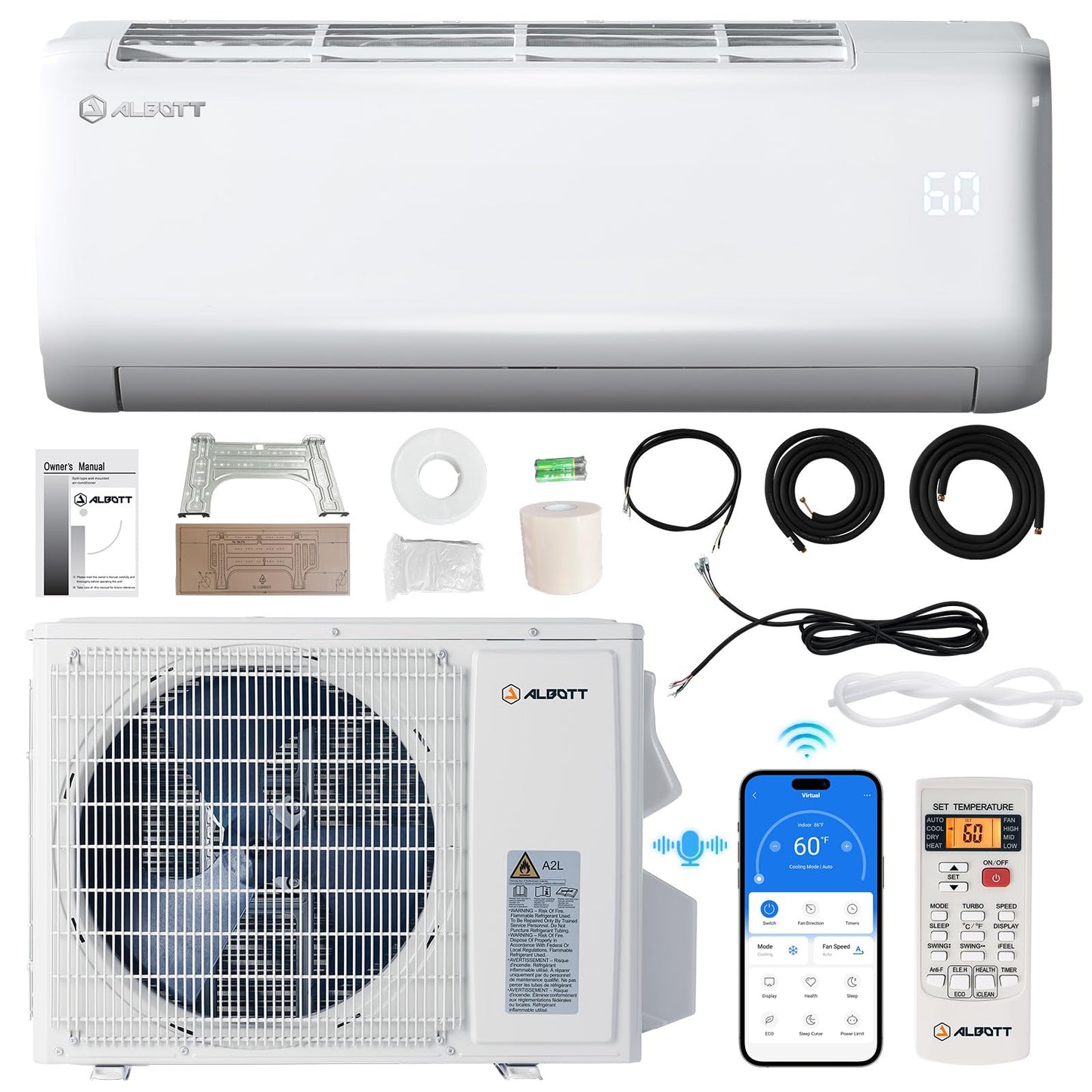 Albott 9100 BTU Mini Split Air Conditioner and Heater, SEER2 20.5, 115V, Inverter Heat Pump AC with Wi-Fi Smart Control, Voice A