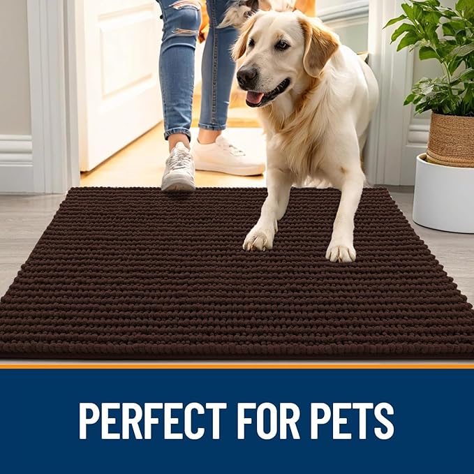 OLANLY Dog Door Mat for Muddy Paws 44x32, Ultra Absorbent Chenille Mud Doormat, Non-Slip Washable and Dirt Trapping Doormat for Indoor Entryway, Quick-Dry Indoor Pet Bed Mats for Dogs, Brown