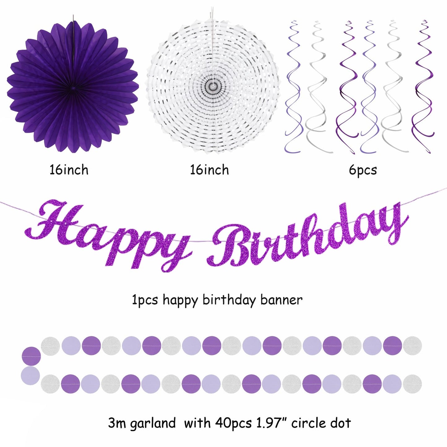 Purple Lilac-Lavender Silver Women Birthday Party-Decorations - 21pc Happy Banner,Paper Lanterns Streamers,Tissue Pom Poms Honeycomb Flower Fan, Girls Hanging Decor Supplies Garland Backdrop Huglony