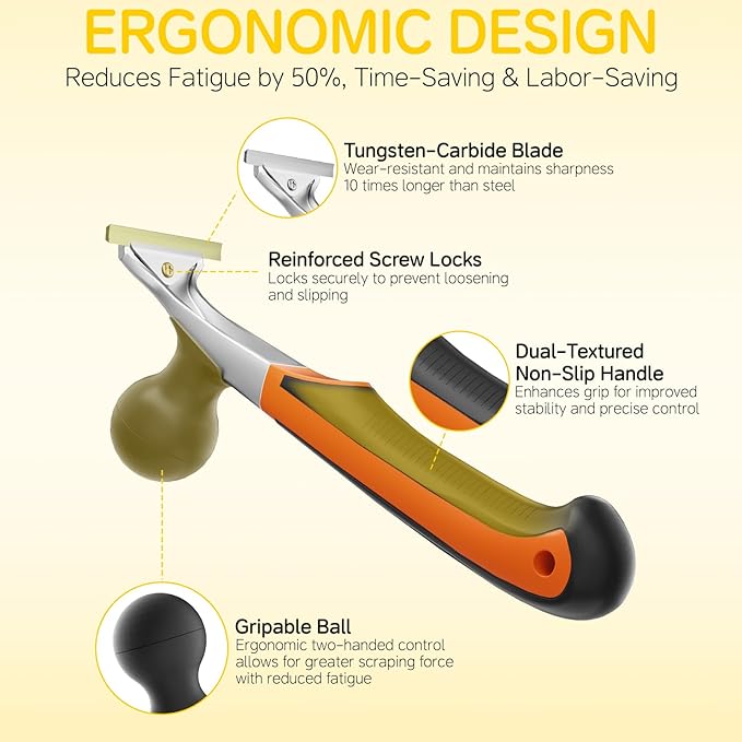 Premium Ergonomic Carbide Scraper - 2-1/2", Heavy-Duty Tool for Wood, Metal, Glass & Floors, Removal on Various Surfaces Dry Glaze, Stains, Putty, Scratches, Rust, Paint, Glue, Varnish, Resin - 65 mm