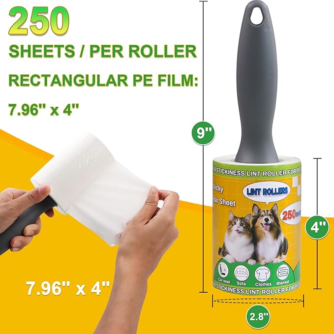 Extra Sticky Lint Rollers for Pet Hair, 250 Sheets, Lint Remover for Dog Cat Hair Removal, Animal Fur, Fuzz, Couch, Clothes Furniture and Carpet Travel-Friendly Grip Handle (1, White)