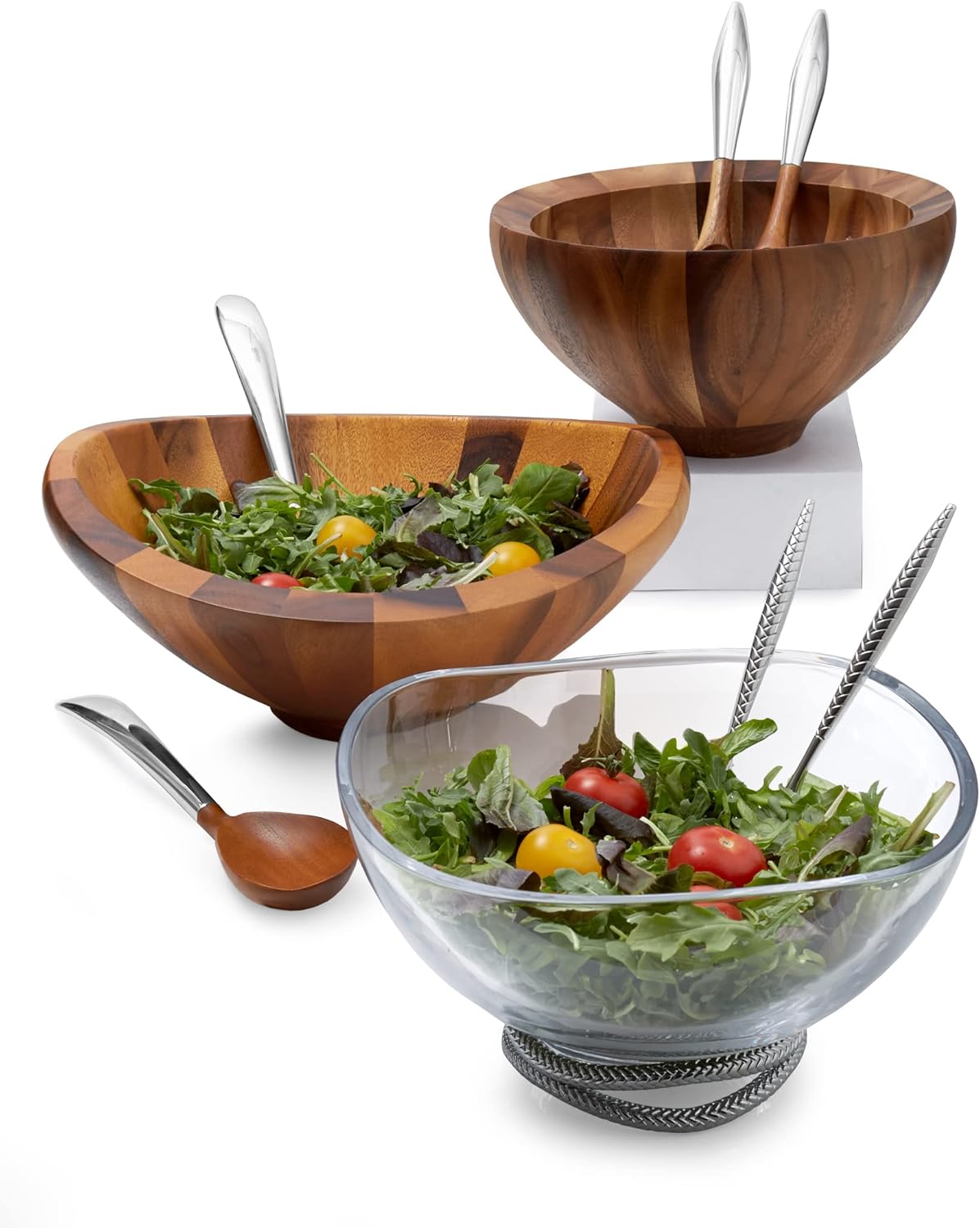 Nambe Yaro Acacia Wood Salad Bowl with 2 Salad Servers | Made of Acacia wood Alloy | Large Deep Wooden Bowls | Acacia Wood Salad Bowl Set | Designed by Sean O’hara