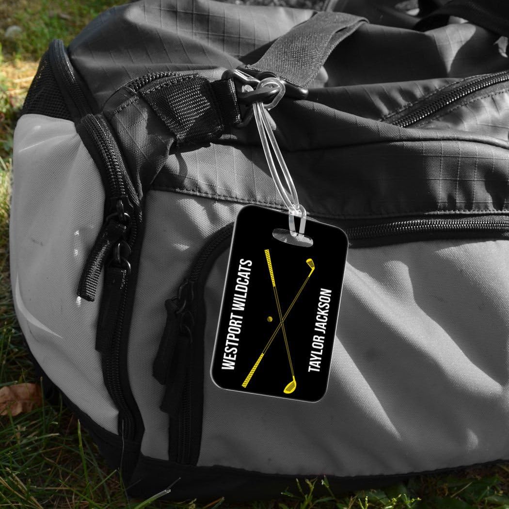 ChalkTalkSPORTS Golf Luggage & Bag Tag | Personalized Crossed Golf Clubs | Standard Lines on Back | Medium | Black/Yellow
