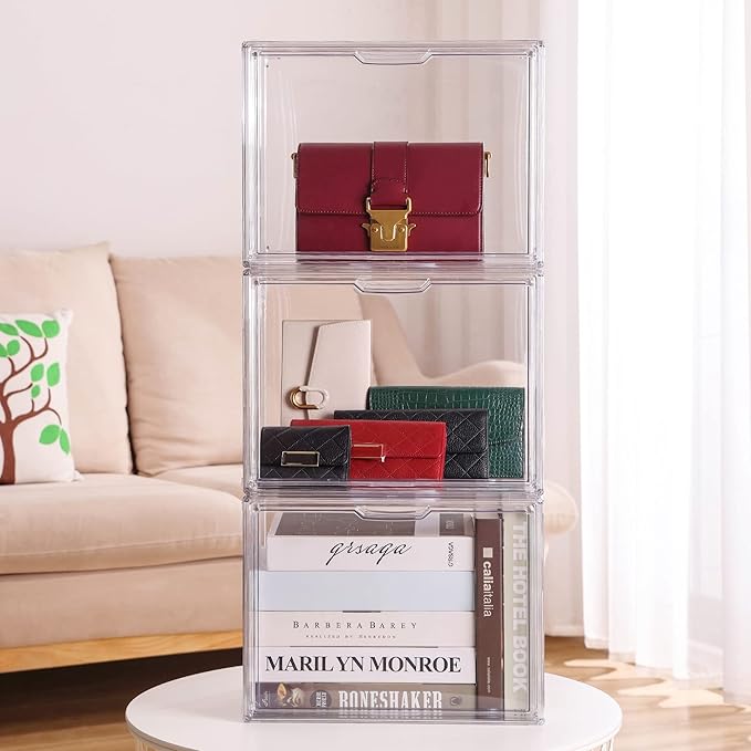 Attelite Plastic Purse and Handbag storage Organizer for Closet, Clear Acrylic Display Case with Magnetic Door for Wallet, Book, Cosmetic, Clutch Organization 3 Pcs