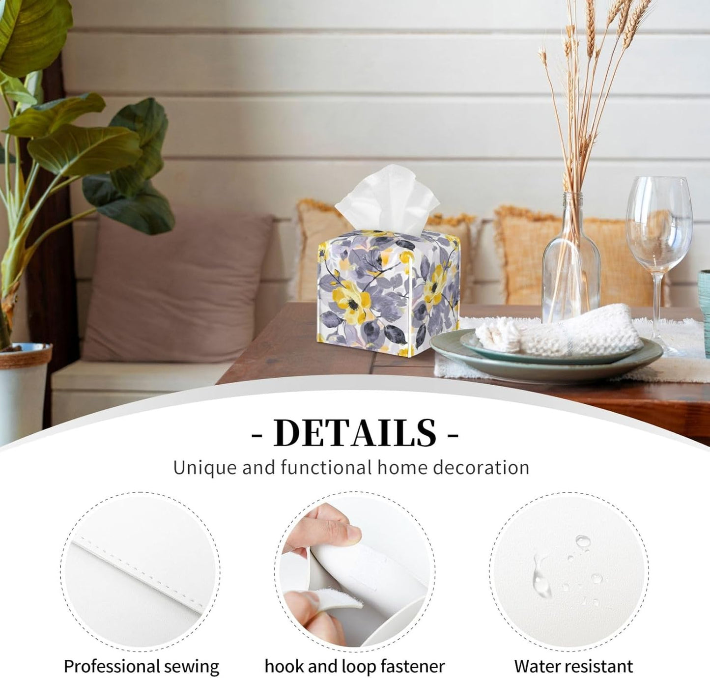 Tissue Box Cover Yellow Flower Grey Leaves Square PU Leather Tissue Box Holder for Car Bathroom Bedroom Desk Tabletop Decor