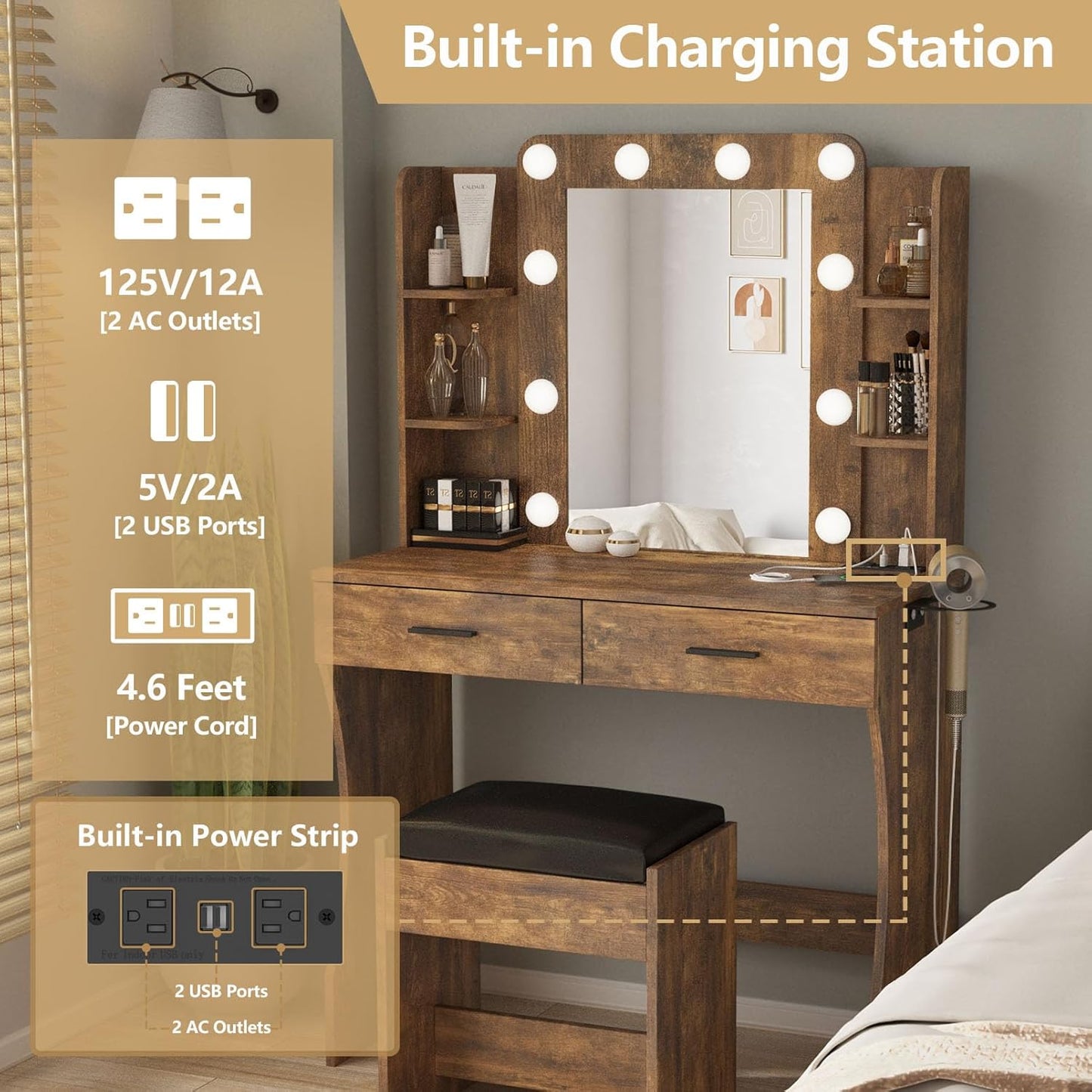 Vabches Vanity Desk with Lights,Makeup Vanity with Power Strip,Dressing Table Set with 2 Large Drawers,Vanity Mirror 3 Lighting Color Adjustable,Rustic Brown