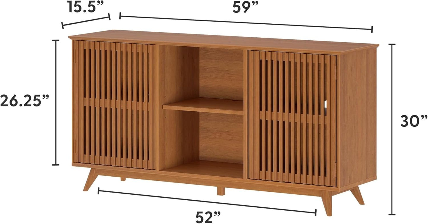 Plank+Beam Mid-Century Modern Wood TV Stand, Solid Wood Entertainment Console with Storage, 59" L x 16" W x 30" H, Pecan