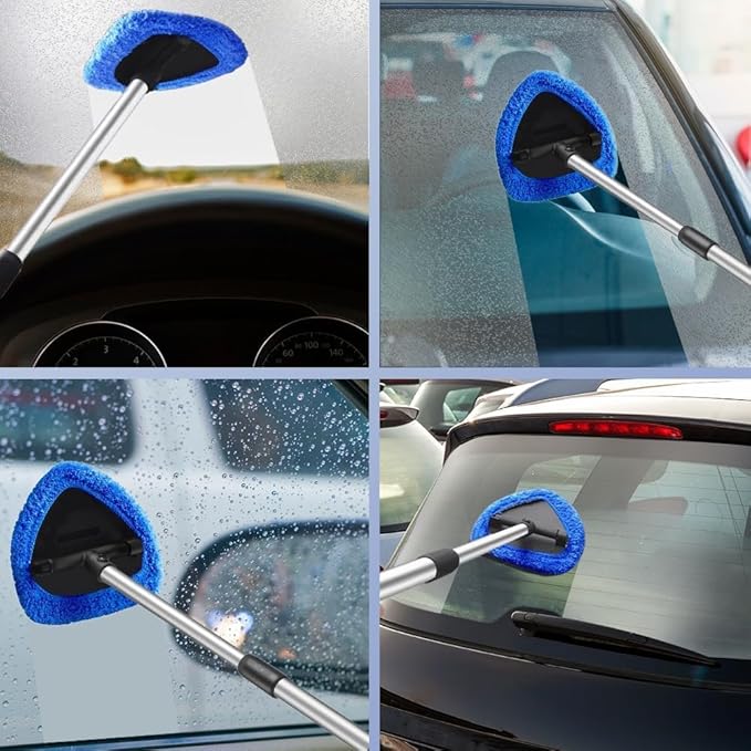 Car Windshield Cleaning Tool Set, Interior Exterior Auto Glass Cleaner Kit with Extendable Handle and 4 Reusable Microfiber Pads for Cars Trucks and Home (Green)
