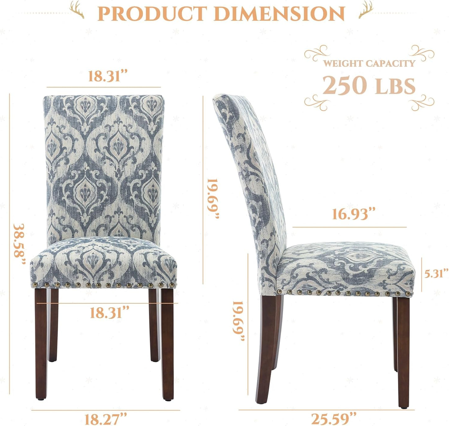 Parsons Dining Chairs Set of 2, Upholstered Nailhead Dining Room Kitchen Side Chair with Thick Cushions and Wood Legs, White/Blue