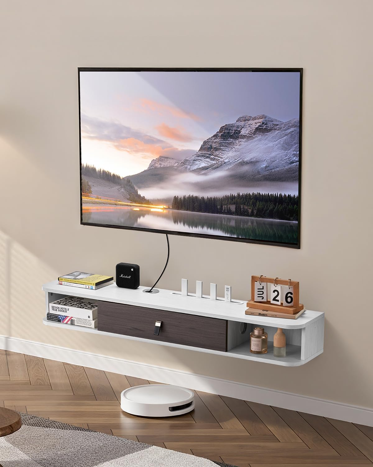 VEVOR Floating TV Stand, 47'' Wall Mounted TV Console Modern Floating Entertainment Center Under TV Shelf with Storage Cabinet, for Bedroom & Living Room, White