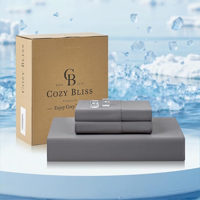 Cozy Bliss Premium Cooling Sheet Set King Size, Q-Max>0.4, 3PCS No Flat Sheet with 2 Pillowcases, Breathable Fitted Sheet for Hot Sleepers & Night Sweats, Deep Pocket Up to 18 Inches, Dark Grey