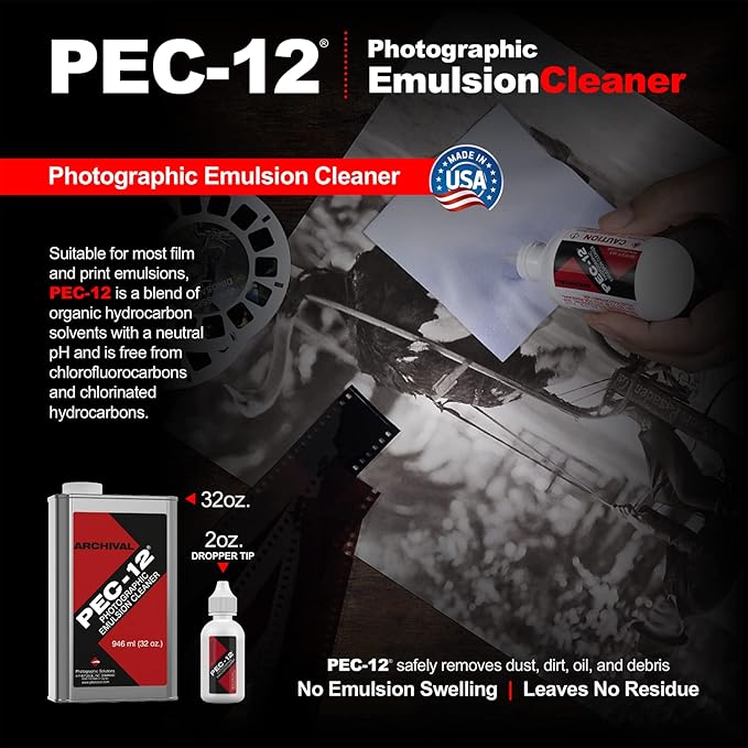 PEC-12 Photographic Emulsion Cleaner - Fluid for Removal of Non-Water Based Stain, Grease & Ink from Emulsions and Bases - Photographers Choice for Cleaning 35mm Film, Photo Negative, B&W Slide with Dropper Tip