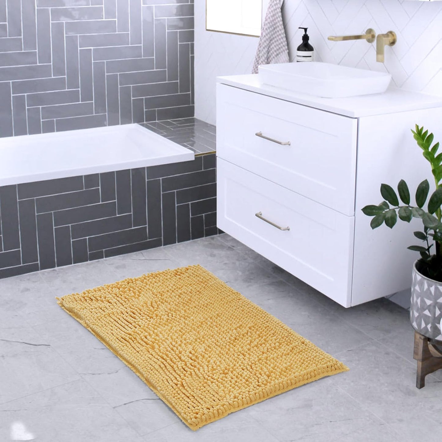 FRESHMINT Chenille Bathroom Rugs Mat 24"x17", Non-Slip Bath Mat for Bathroom Floor & Bathtub, Washable Soft Shower Shag Bath Rugs, Durable Fluffy Thick Water Absorbent Microfiber Shower Mat, Yellow