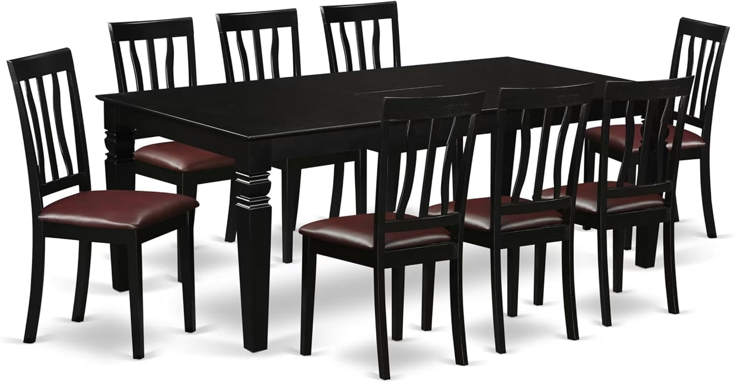 East West Furniture LGAN9-BLK-LC 9 Piece Dining Table Set Includes a Rectangle Dinner Table with Butterfly Leaf and 8 Faux Leather Dining Room Chairs, 42x84 Inch, Black