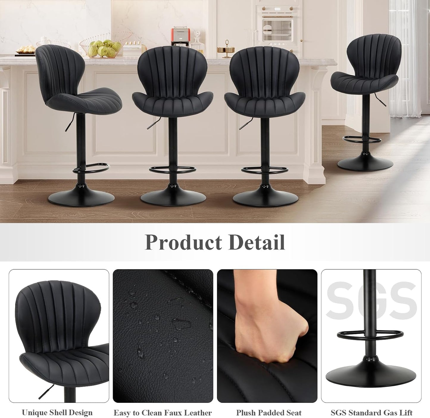 COLAMY Bar Stools Set of 6, Modern Swivel Bar Chairs, Adjustable Faux Leather Upholstered Barstools Counter Height with High Backrest for Bar, Kitchen Island, Dining Room, Black