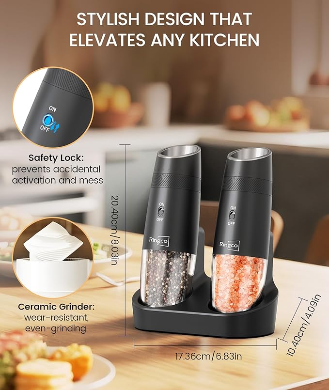 Ringco Gravity Electric Salt and Pepper Grinder Set with Charging Base, Automatic Gravity Salt and Pepper Mill with Adjustable Coarseness, LED Light, 135ml Large Capacity, Christmas Gift