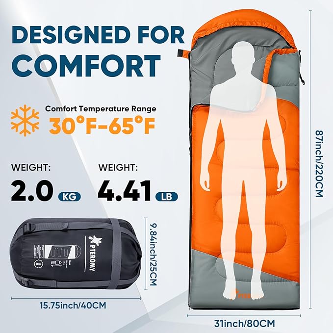 PTEROMY Sleeping Bags for Adults, Lightweight and Machine Washable, Water Resistant Backpacking Camping Sleeping Bag for Warm Cold Weather, Camping Essentials for Hiking Travel