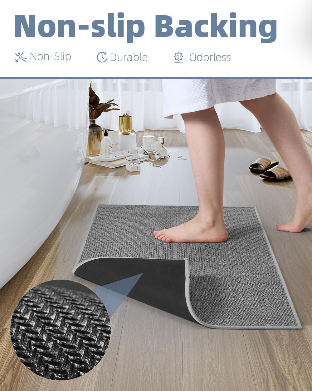 PADOOR Non-Slip Bath-Mats for Bathroom, Rubber-Backing Braided Absorbent Bathroom Mat Machine Washable Thin Bathroom Rugs Fit Under Door Quick Dry Bath Rugs for Floor, 17''x30'' Grey