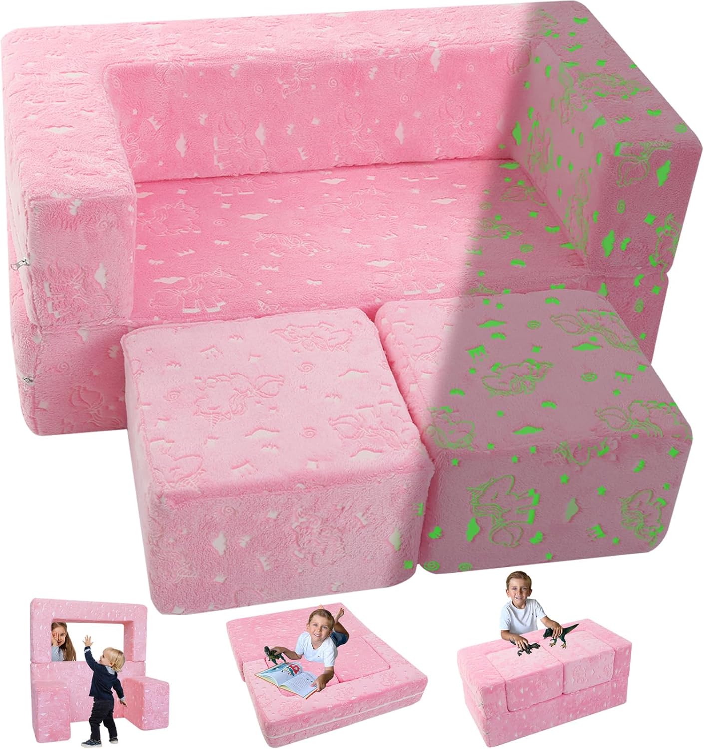 MeMoreCool Glow-in-The-Dark Unicorn Kids Modular Play Couch Sofa – Convertible Fold-Out Plush Foam Toddler Chair for Children’s Playroom