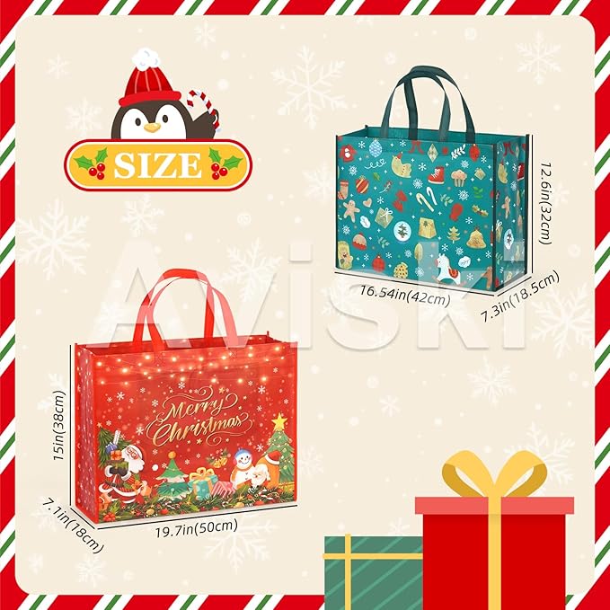 Aviski 2PCS Giant Christmas Gift Bags, Assorted Sizes, Heavy Duty Treat Tote Grocery Bags with Handles, Sewing Non-Woven Jumbo Bags for Gifts Wrapping Shopping, Xmas Party Supplies