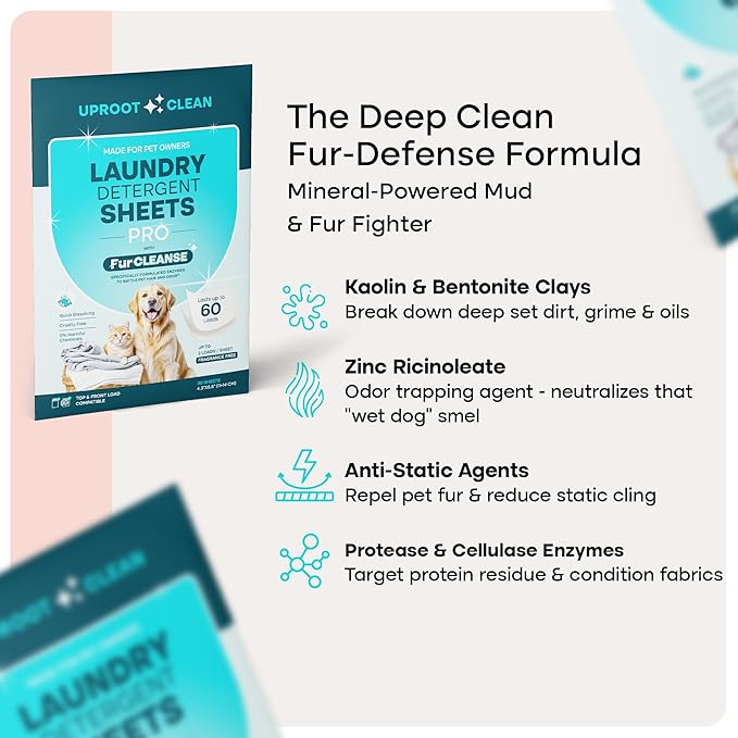 Uproot Clean Laundry Sheets Pro - 90 Pack - Fragrance-Free: Mineral-Powered Laundry Detergent Sheets Unscented - Eliminate Clinging Fur, Pet Odors, & Messy Residue - Up to 180 Loads