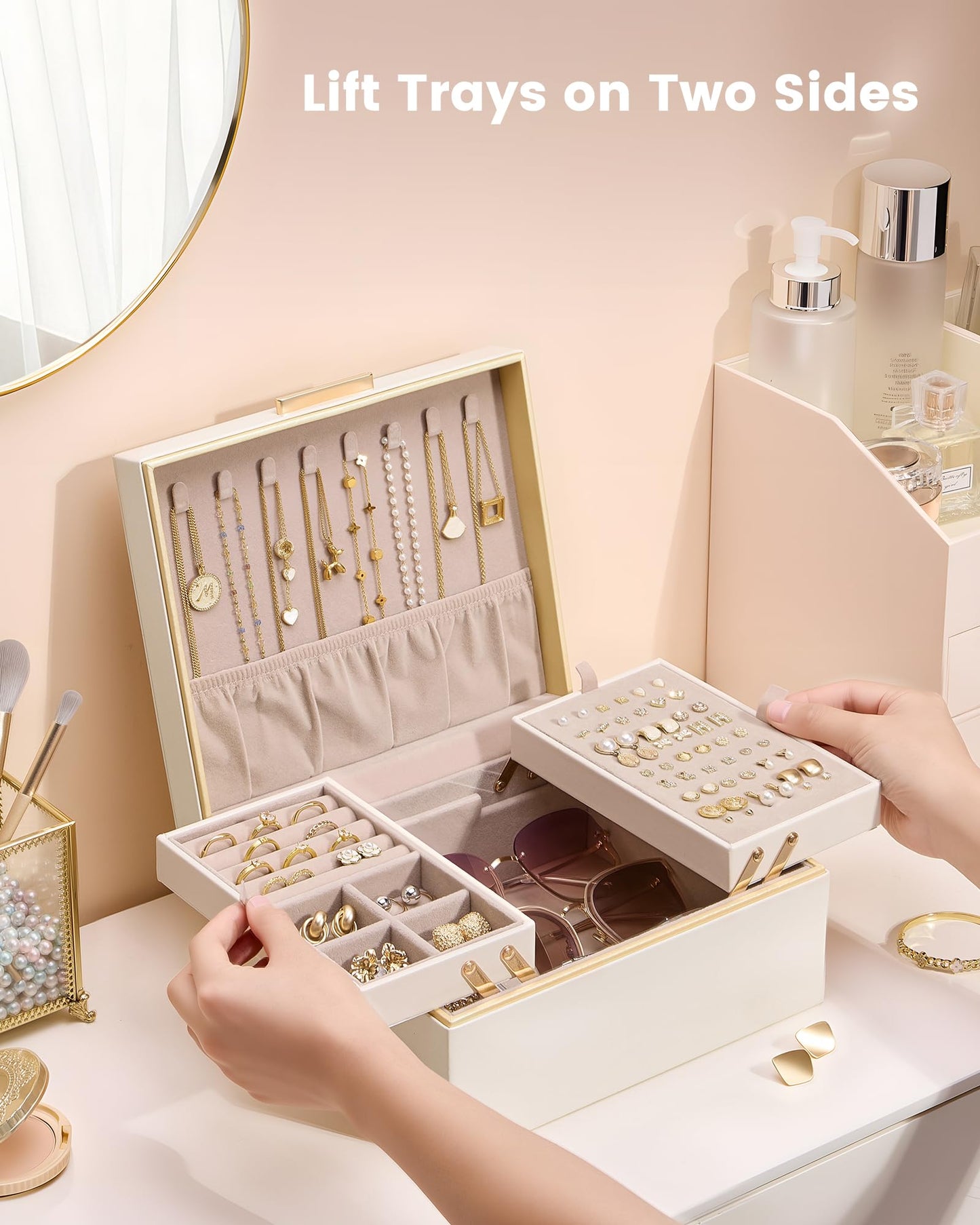 Lolalet Jewelry Box Organizer for Women Girls, 2 Layer Jewelry Organizers and Storage for Necklace Earrings Rings Bracelets, Large Jewellery Holder Case Birthday Gifts -Cream