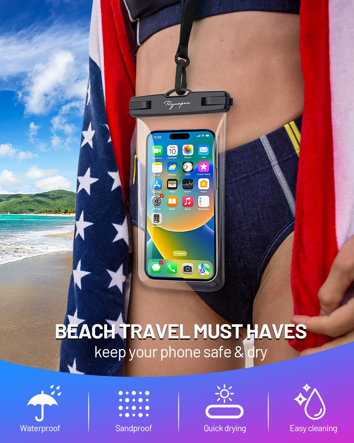 Rynapac Waterproof Phone Pouch Bag - 7.5In Waterproof Phone Case For Beach Travel Must Haves, Ipx8 Underwater Holder With Lanyar