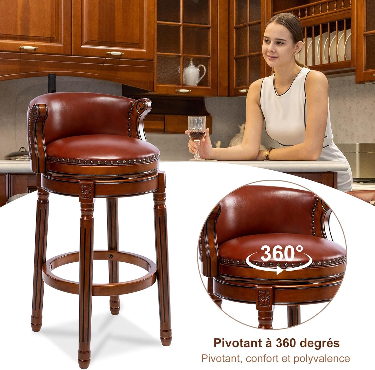 Cow top Leather Wooden Bar Stools, 26" Counter Height Bar Chair with Back, 180 Degrees Swivel Barstools Chair for Home Kitchen Counter,Dining Room, Restaurant