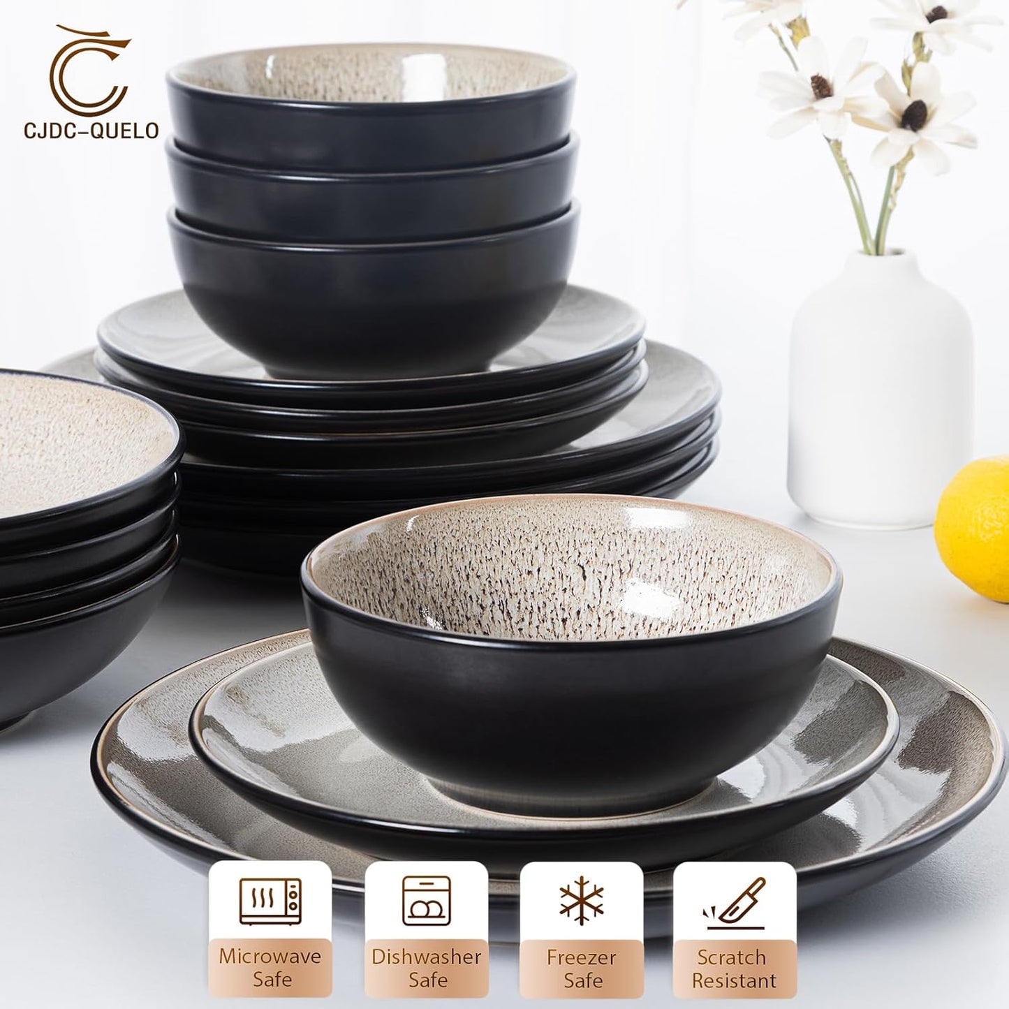Plates and Bowls Sets for 4 - CJDC-QUELO 16-Piece Stoneware Dinnerware Sets, Ceramic Dishware Set for Kitchen Use and Formal Dining, Chip and Scratch Resistant Microwave Dishwasher Safe, Brown