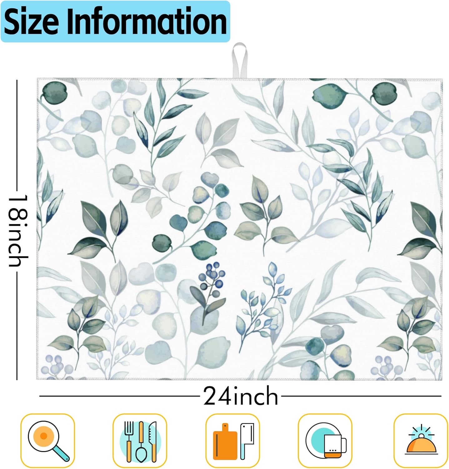 Large Dish Drying Mat for Kitchen Counter,18"X24" Watercolor Green Eucalyptus Leaves Absorbent Reversible Microfiber Dish Drying Mat Dish Drainer Mat Drying Pad for Kitchen Countertop Coffee Bar