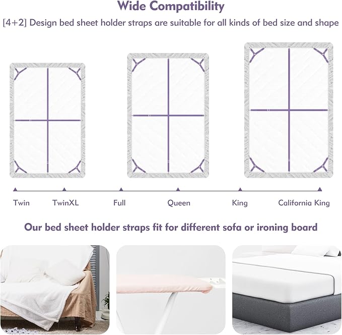 Bed Sheet Holder Straps, 4+2 Pcs Adjustable Mattress Sheet Clips, Bed Sheet Fasteners Elastic Sheet Suspenders to Keep Bed Sheet in Place for Different Beds (Purple)