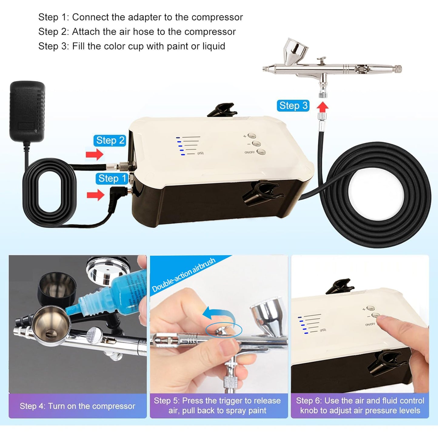 NAMEIZI Airbrush Kit with 55PSI High Pressure Compressor, Dual Action Non-Clog Air Brush Set, Portable Airbrushing Tools for Nail Art, Model Painting, Cake Decor, Tattoo, Leather Repair, DIY T-Shirt