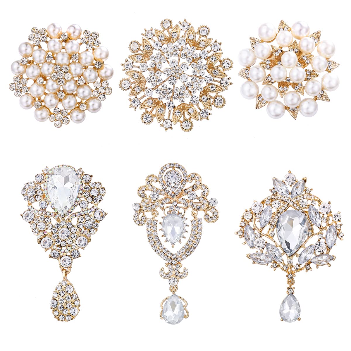 MEEDOZ Crystal Rhinestone Flower Brooch Pin Set for Women DIY Bridal Wedding Bouquet Kit (Gold-tone 6pcs)