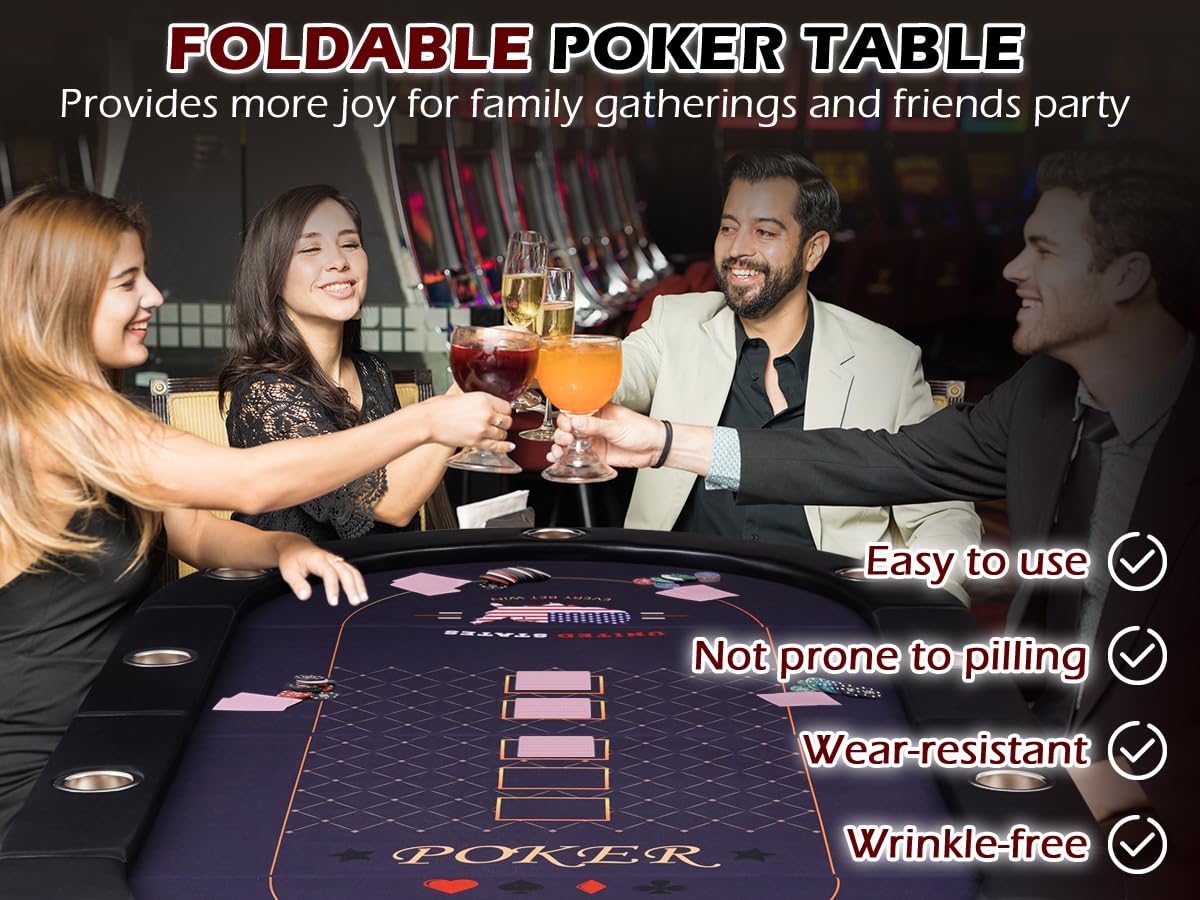 REAHOISY 10 Player Poker Table Foldable, Folding Texas Holdem Casino Table with Padded Rails & Cup Holders, Portable Poker Game Table for Home or Game Room, 84 Inch