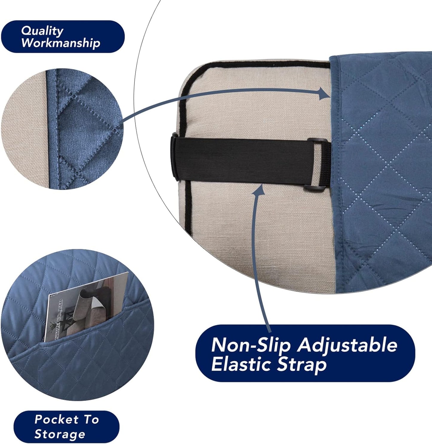 PureFit Reversible Sofa Couch Cover Water Resistant Couch Covers for 3 Cushion, Washable Furniture Cover with Non-Slip Foam and Adjustable Strap for Dogs, Pets (Sofa, Dark Blue/Light Blue)