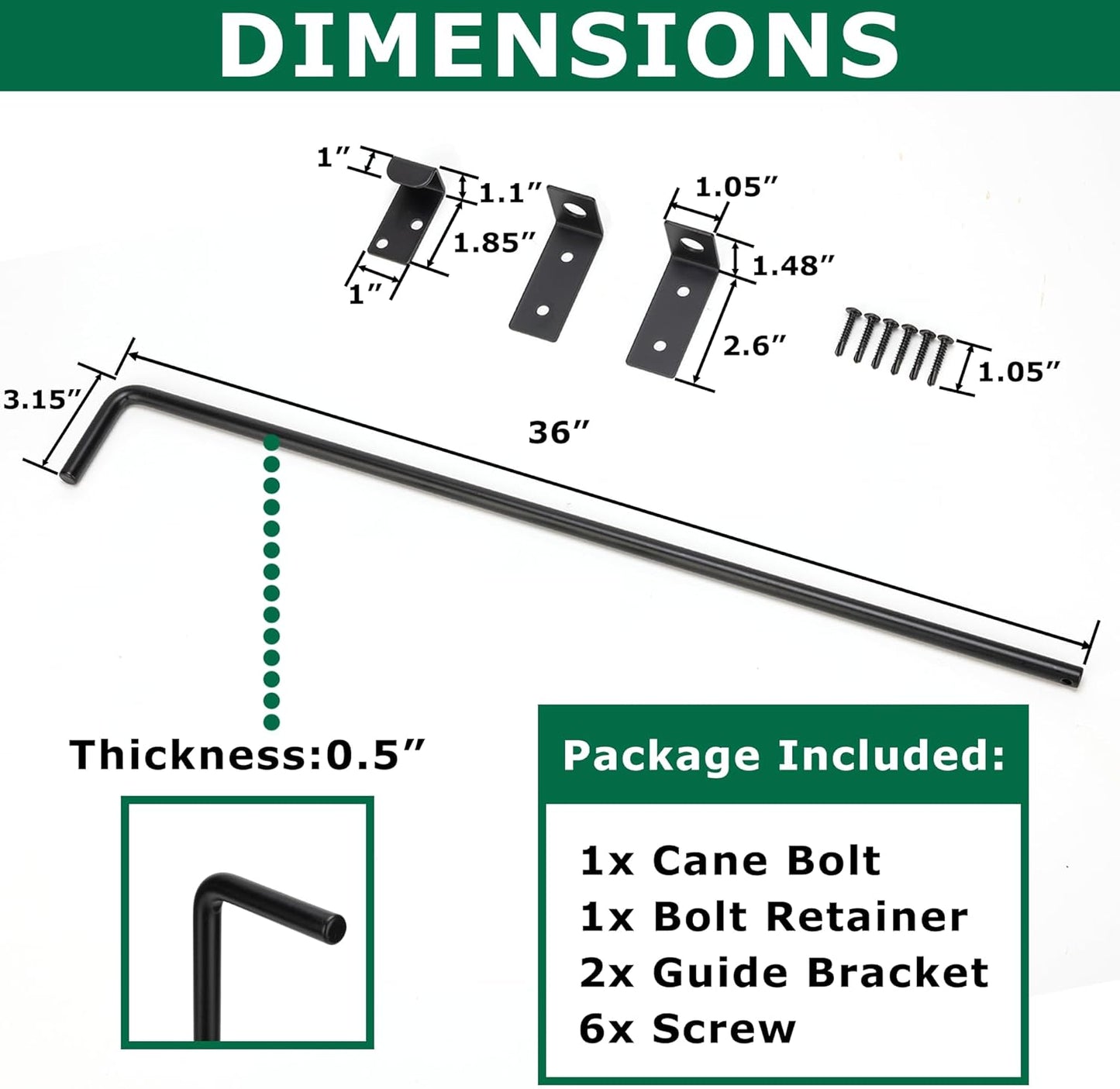 36" Heavy Duty Cane Bolt Gate Drop Rod with Upgraded Design, Square Gate Drop Rod for Wood PVC Vinyl Metal Yard Gate Latch-1 Pack