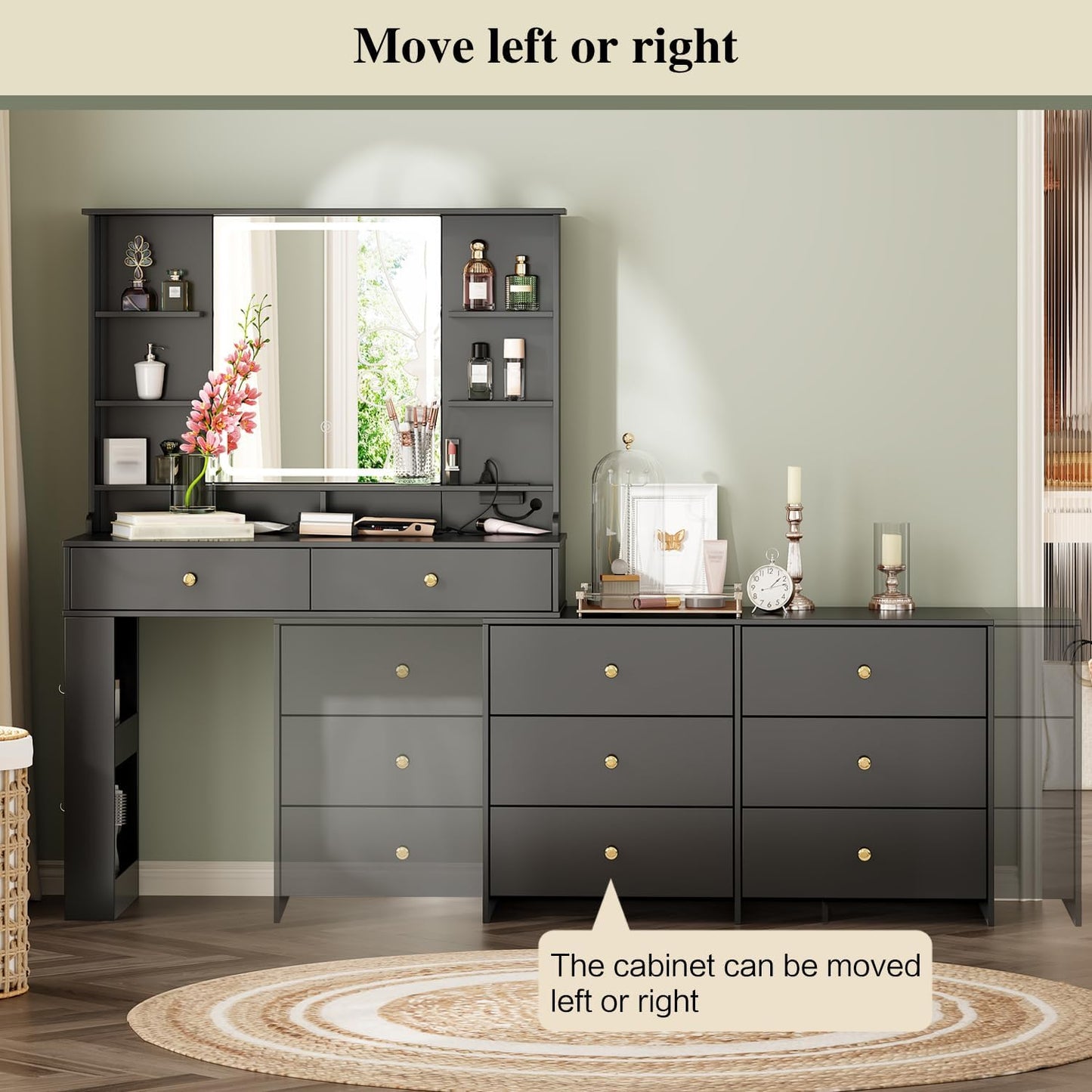 Large Makeup Vanity Desk with Mirror and Lights, Vanity Desk with 8 Drawers & Storage Shelves, Vanity Table with Power Outlet, 3 Color Modes & Adjustable Brightness Dressing Table, Bedroom,Black