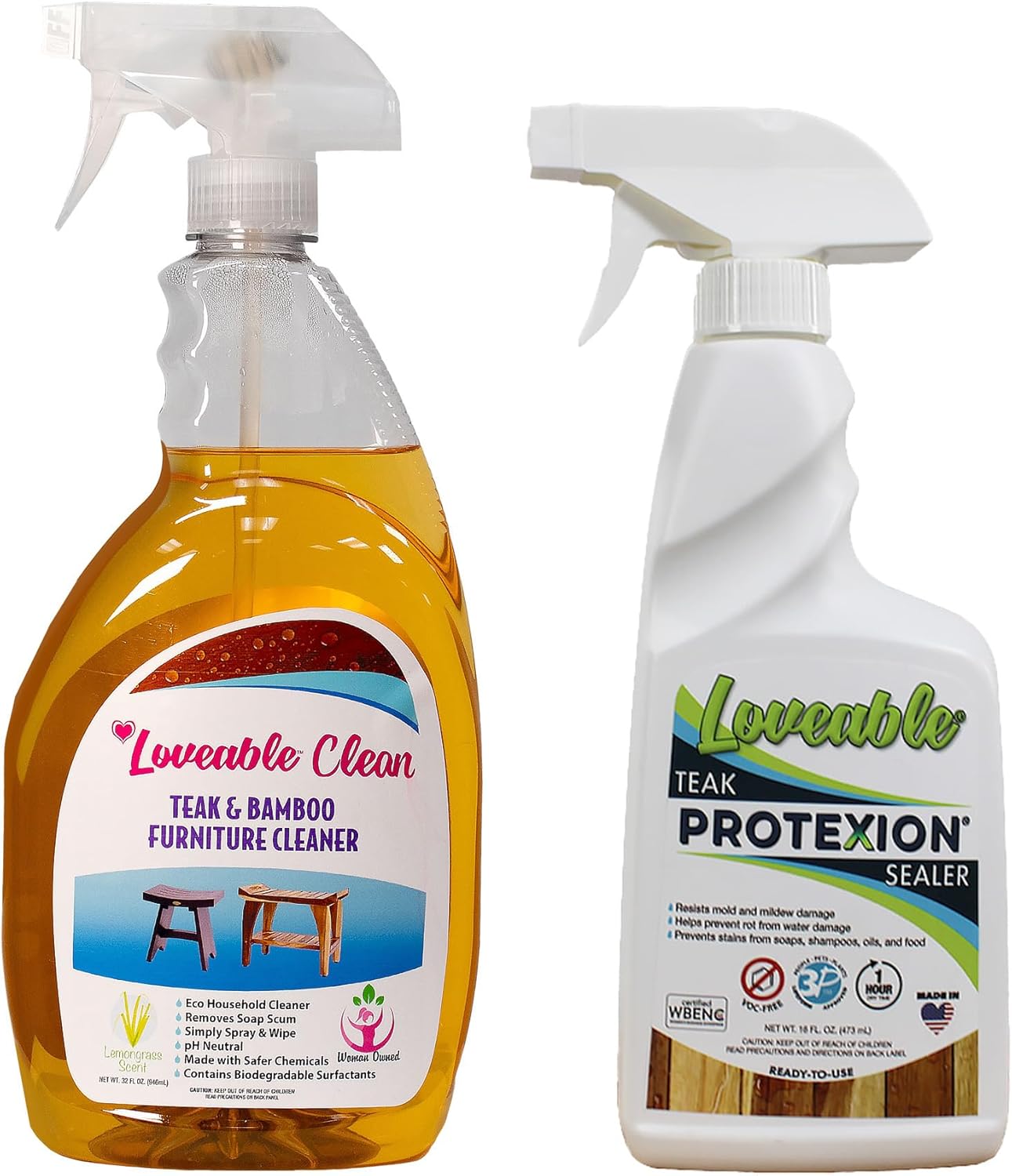 EcoDecors Loveable 32 oz Spray Bottle Teak Cleaner and Loveable Protection 16 oz Teak Sealer For Outdoor Furniture
