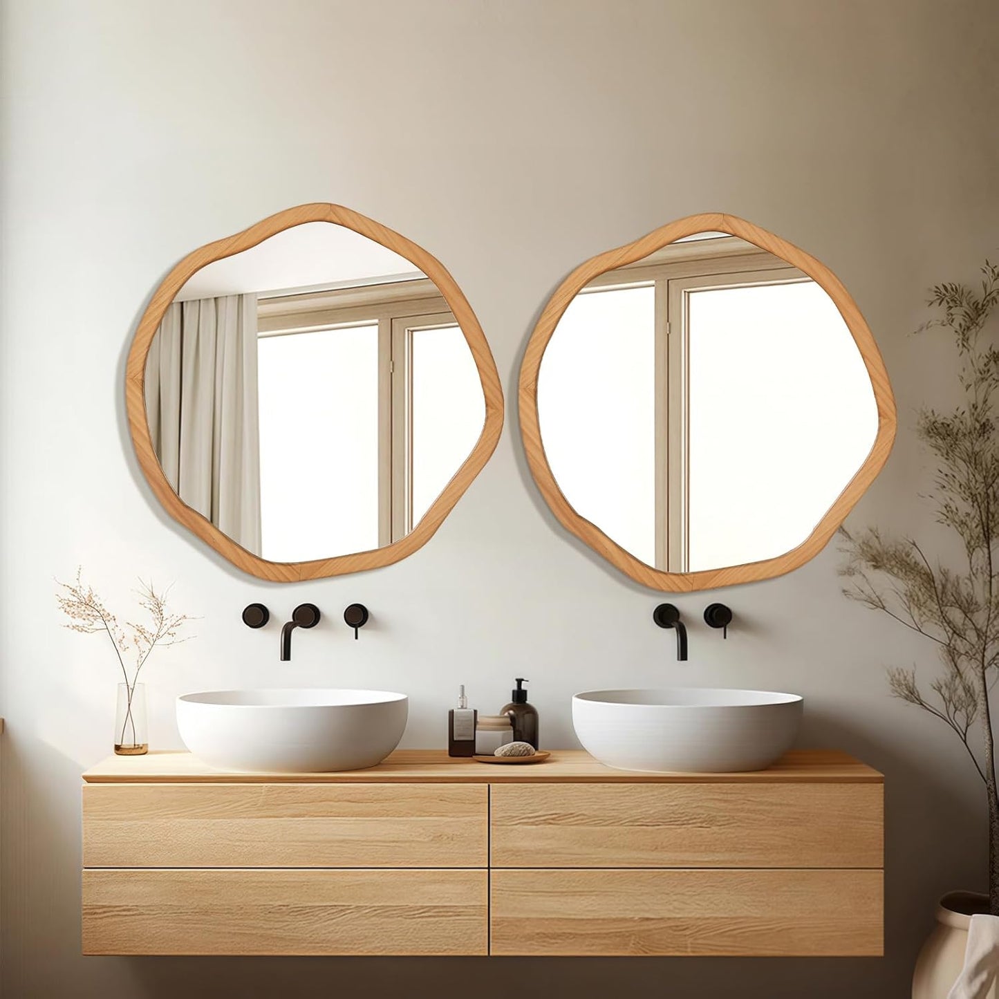 ULIKE Round Wood Mirror 24 Inch Circle Wall Mirror, Asymmetrical Bathroom Vanity Mirror with Wood Frame, Decorative Wall Mounted Mirror for Bedroom, Living Room, Entryway, Natural