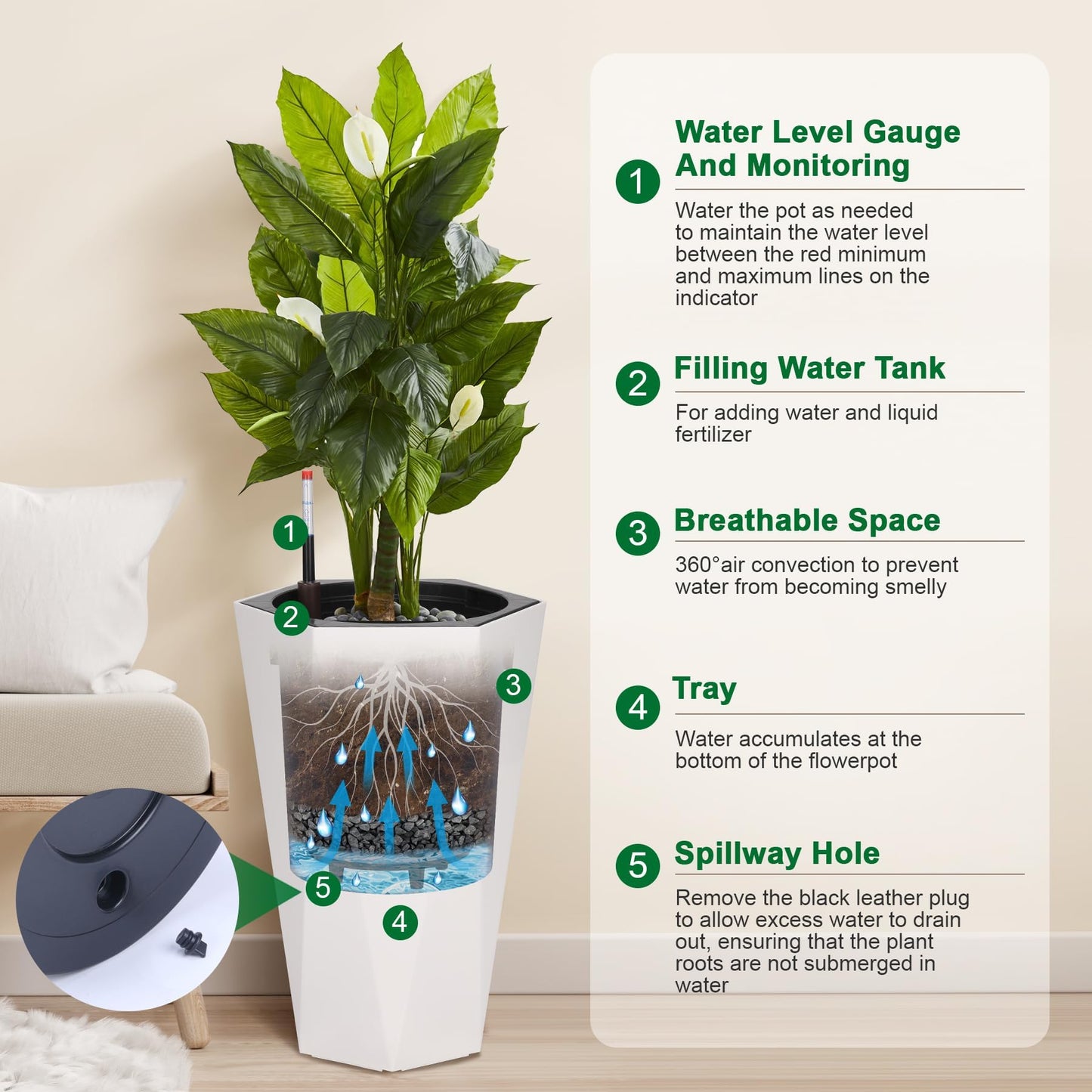 GAOMON 22.5" Tall Planters Set of 2, Self-Watering Diamond Planter Pots with Water Level Monitor and Wheels, Plant Pots Outdoor and Indoor for Room & Office Décor, Garden, Patio, White