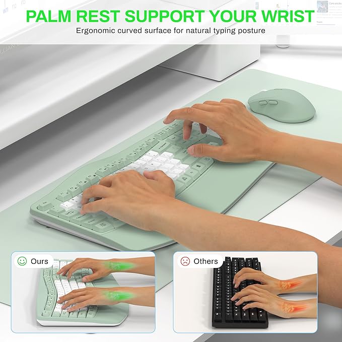 Wireless Keyboard and Mouse Combo,2.4G Full Size Wave Keys Ergonomic Keyboard with Wrist Rest for Natural Typing, 3 DPI Adjustable Ergonomic Mouse for Computer/Laptop/Windows/Mac (Avocado Green-B)