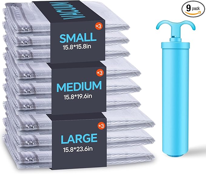 9 Pack Travel Vacuum Storage Bags with Hand Pump,Carry-on Size Compression Packing Bags