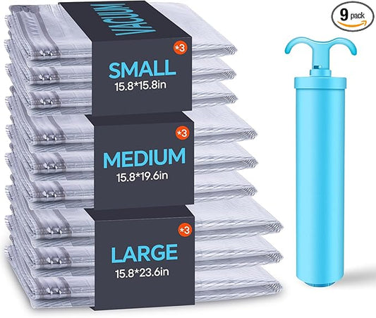 9 Pack Travel Vacuum Storage Bags with Hand Pump,Carry-on Size Compression Packing Bags