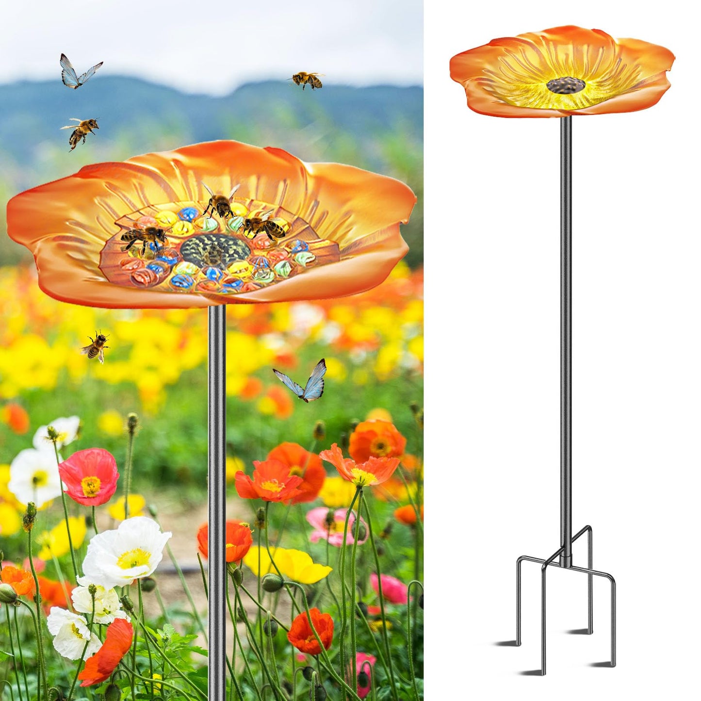 MeyRolizn Bee Butterfly Watering Station, 4 Prongs Base Stake Butterfly Bee Feeder for Garden with Glass Marbles, Bee Bath with Vivid Flower Design for Garden Yard Patio Decor (Orang Yellow)