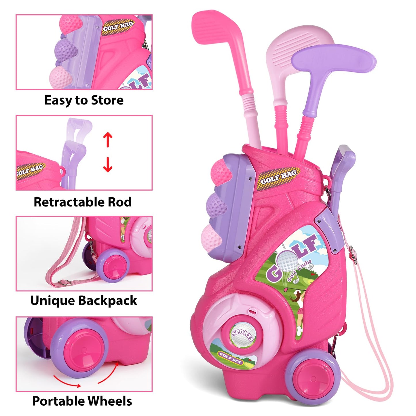 Jovizo Toddler Golf Set for Boys Girls 1 2 3 4 Years Old, Upgraded Kids Golf Cart with Putting Mat & Cornhole Board, Outdoor Indoor Sports Toys, Pink