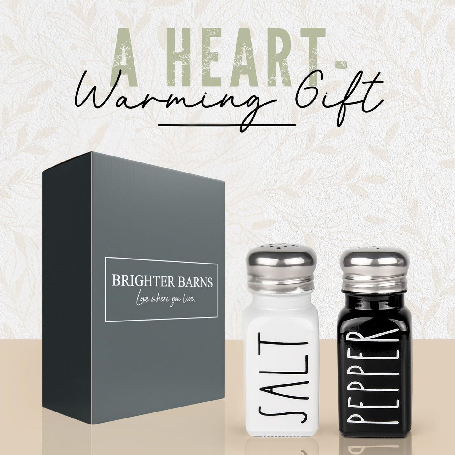 Salt and Pepper Shakers Set by Brighter Barns - Cute Modern Farmhouse Kitchen Decor for Home Restaurants Wedding - Gorgeous Vintage Glass Black White Shaker Sets with Stainless Steel Lids