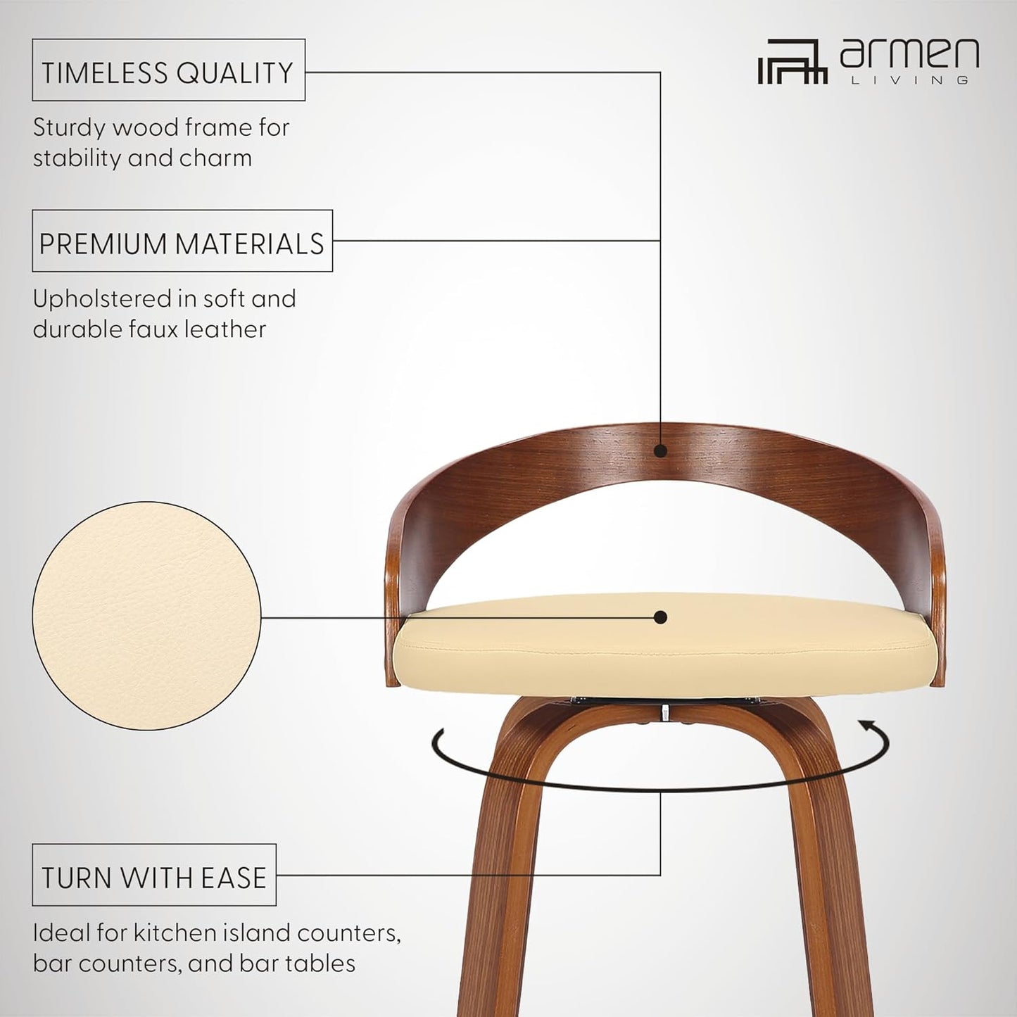 Armen Living Sonia 26" Counter Height Swivel Cream Faux Leather and Walnut Wood Bar Stool