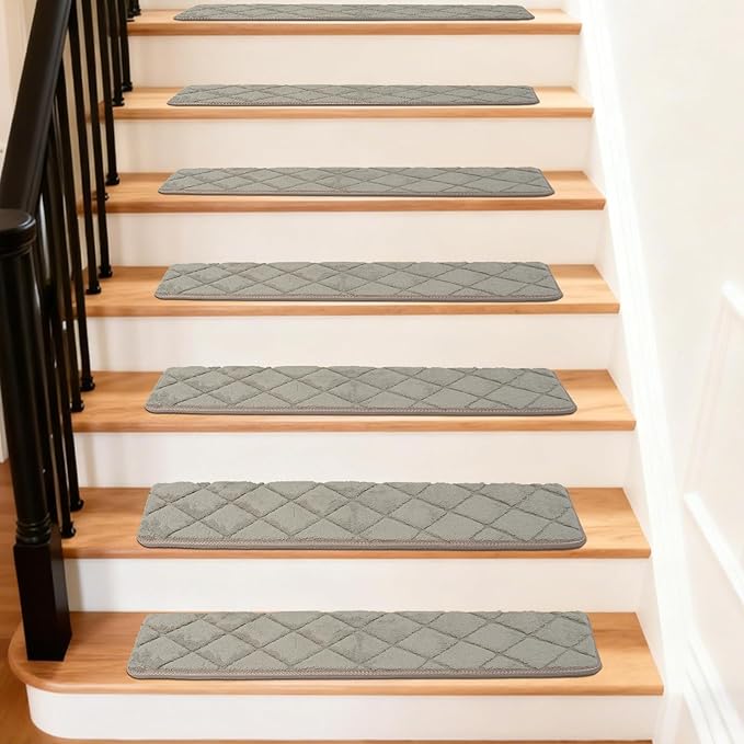 Art3d Stair Treads for Wooden Steps 15Pcs, 8" X 30" X 0.4" Non Slip Stair Runner Rugs with Reusable Adhesive for Elders Kids and Dogs, Machine Washable Peel and Stick Stair Treads Carpet, Beige