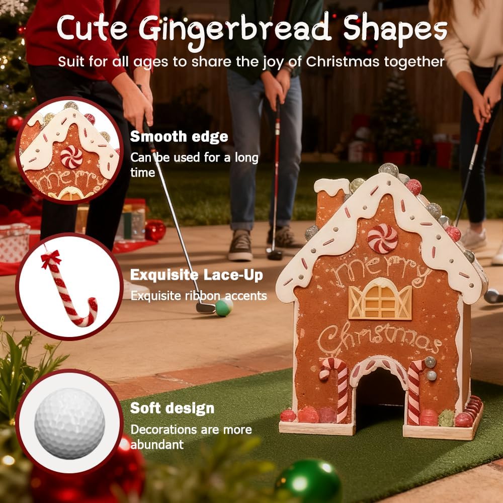 Gingerbread Golf Game Set, Christmas Mini-Golf Course,Portable Mini Golf Course Set,Christmas Indoor Golf Toy with Candy Cane Clubs and Gingerbread House Target (6PCS Ball)